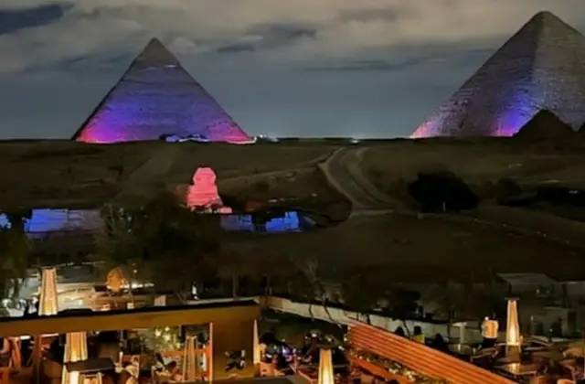 Dine at The Great Pyramid Inn with Pyramid views, a tasty meal, the Sound and Light Show, and hotel transfers included.