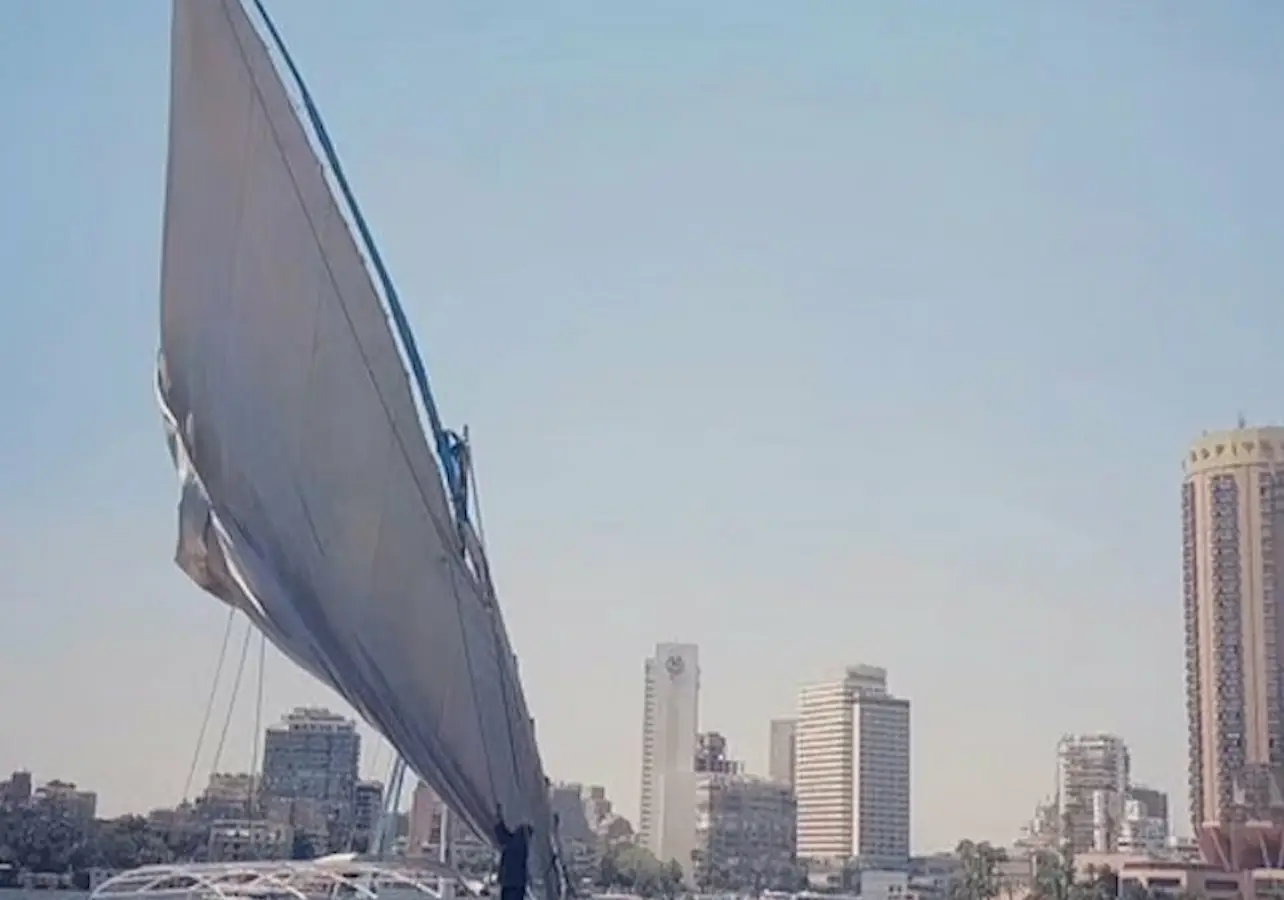 A sailboat with a large sail on a calm river, with a city skyline featuring tall buildings in the background under a clear sky.