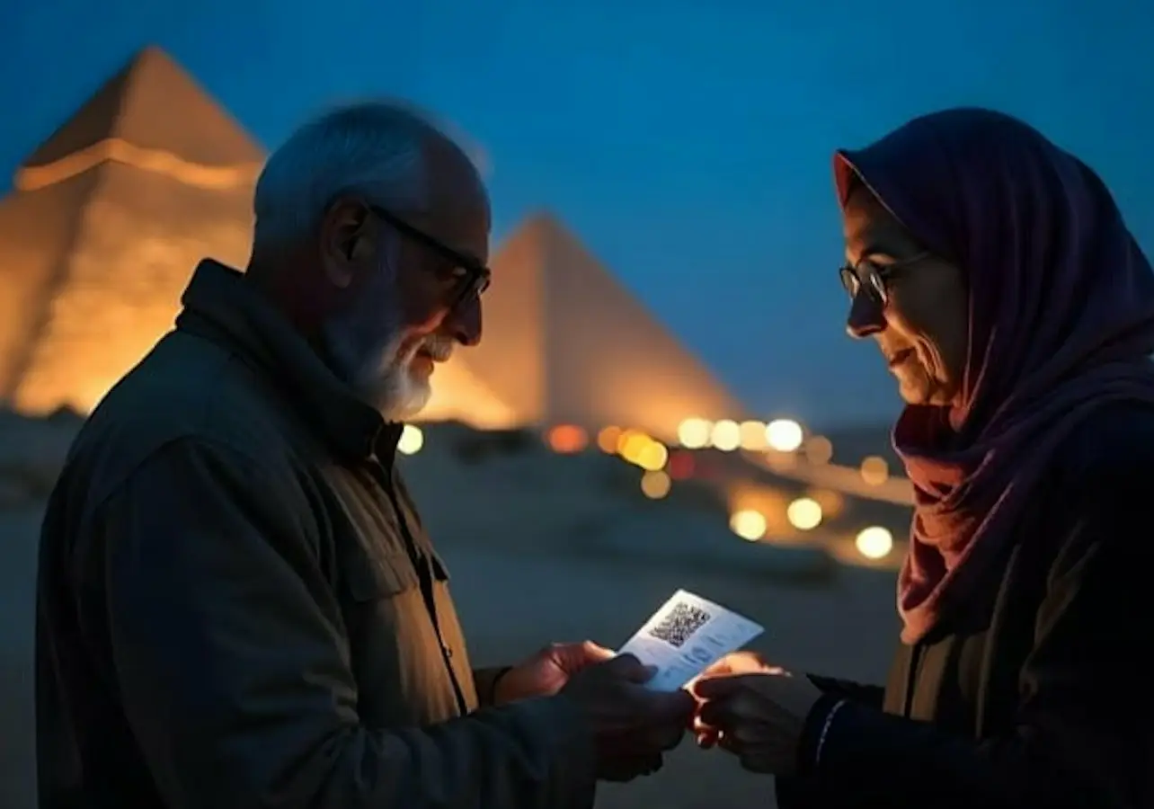 Two people examining a glowing QR code in a dark setting, with illuminated pyramids in the background.