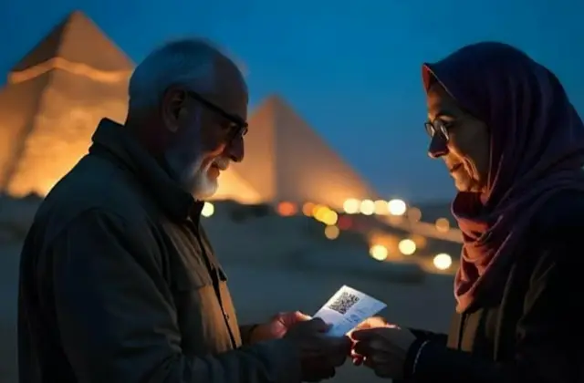 Two people examining a glowing QR code in a dark setting, with illuminated pyramids in the background.