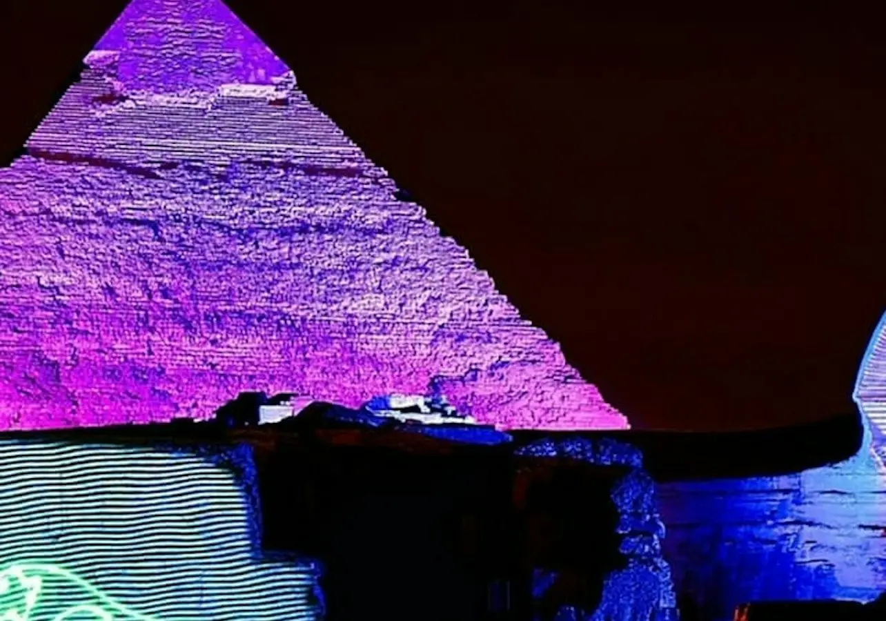Discover Ancient Egypt’s history and the myth of the Sphinx at the iconic Sound and Light Show by the Giza Pyramids in Cairo.